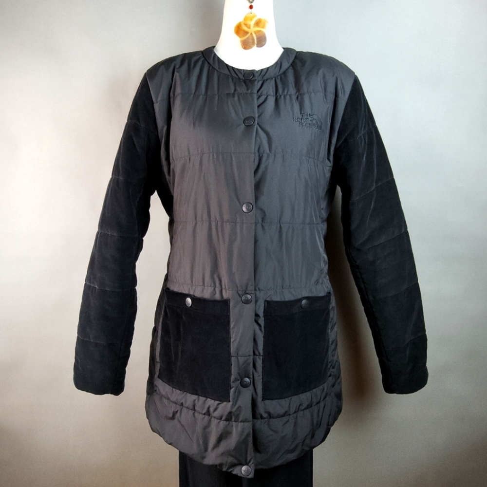 NORTH FACE Wmns Sz M Black Collarless Outdoor Snap Up Jacket ComfyCore Flawed